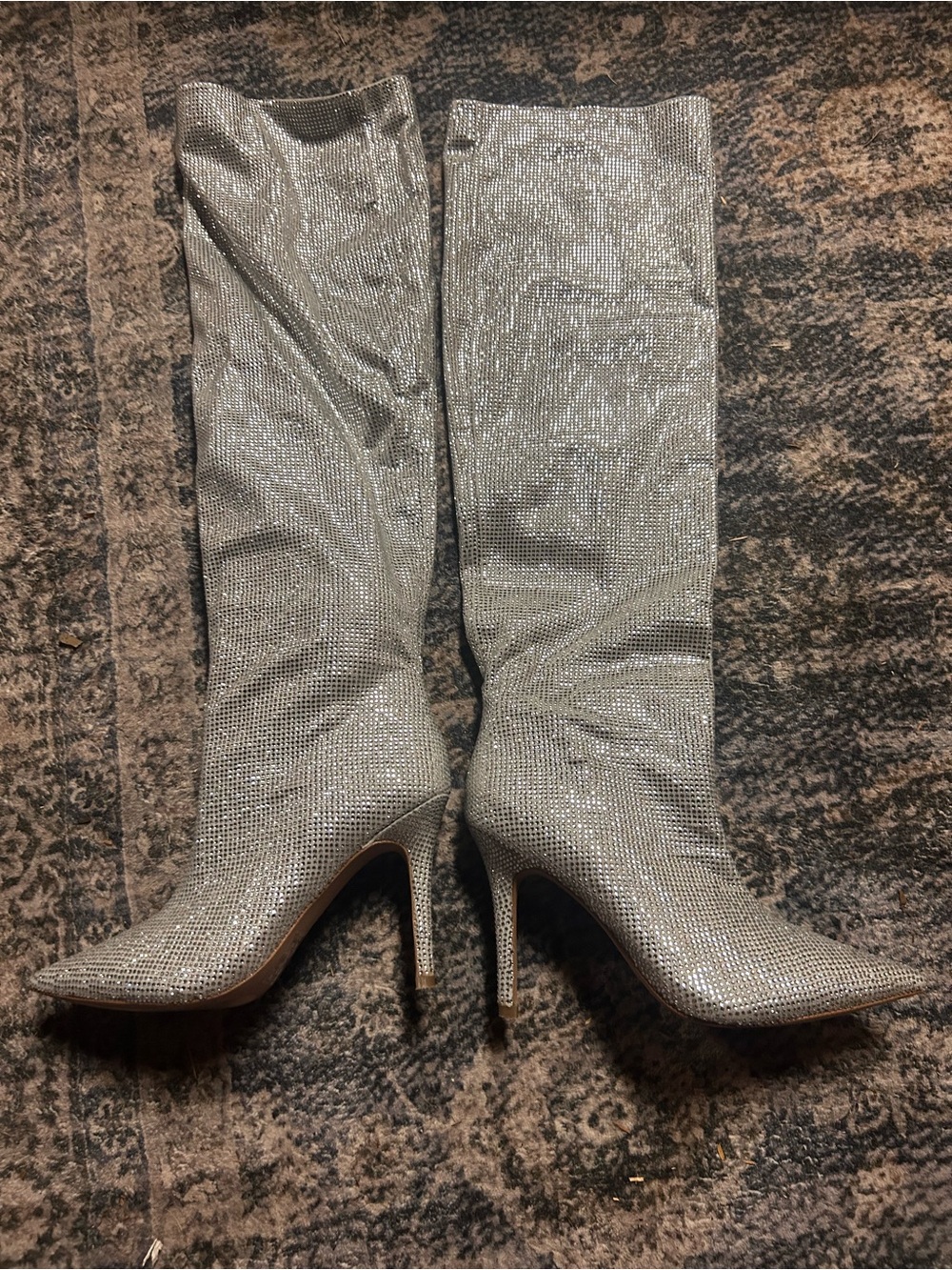 Aldo Silver Rhinestone Knee-High Stiletto Boots - Womens
